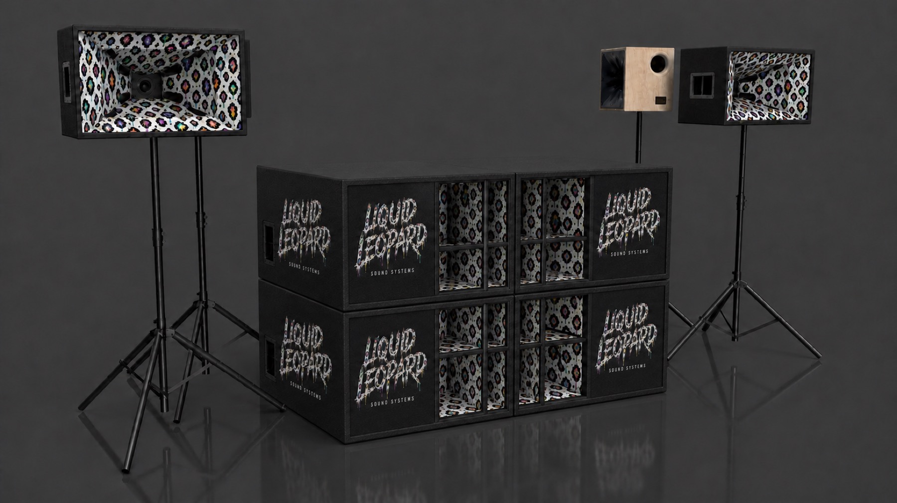 Liquid Leopard JMOD and SKRAM sound system with tops and sub stacks