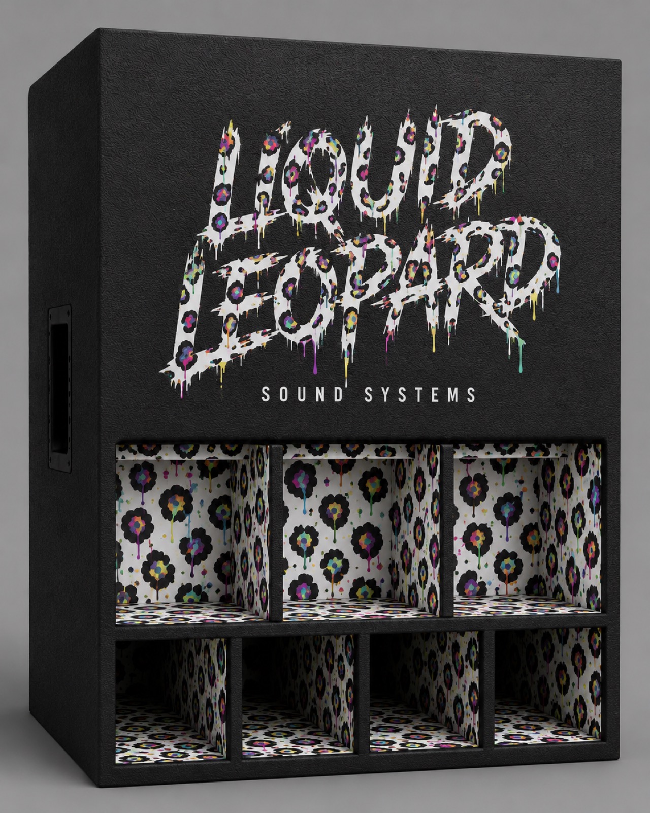 Liquid Leopard SKRAM subwoofer cabinet with leopard-patterned ports